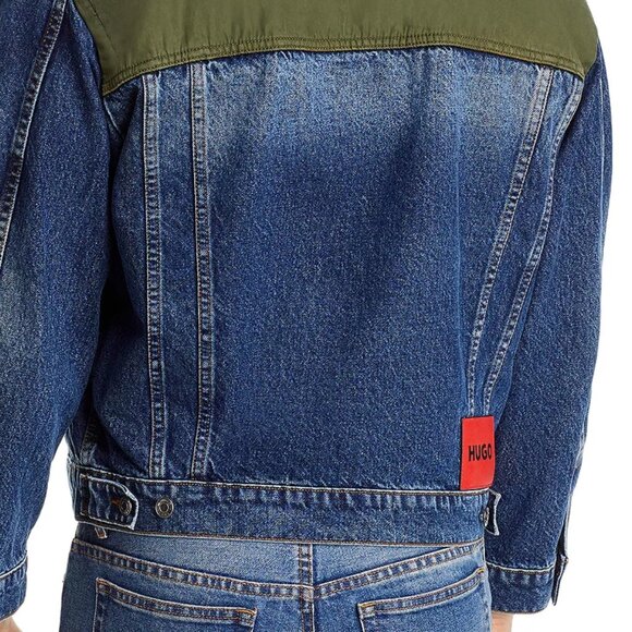 Hugo Boss Men's HUGO Mixed Media Denim Trucker Pocket Jacket Relaxed Fit Navy XL - Picture 4 of 6